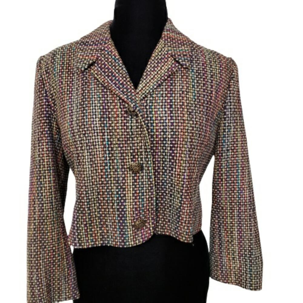 Doncaster Blazer 100%‎ Silk Cropped Textured Tweed Suit Jacket Corpcore